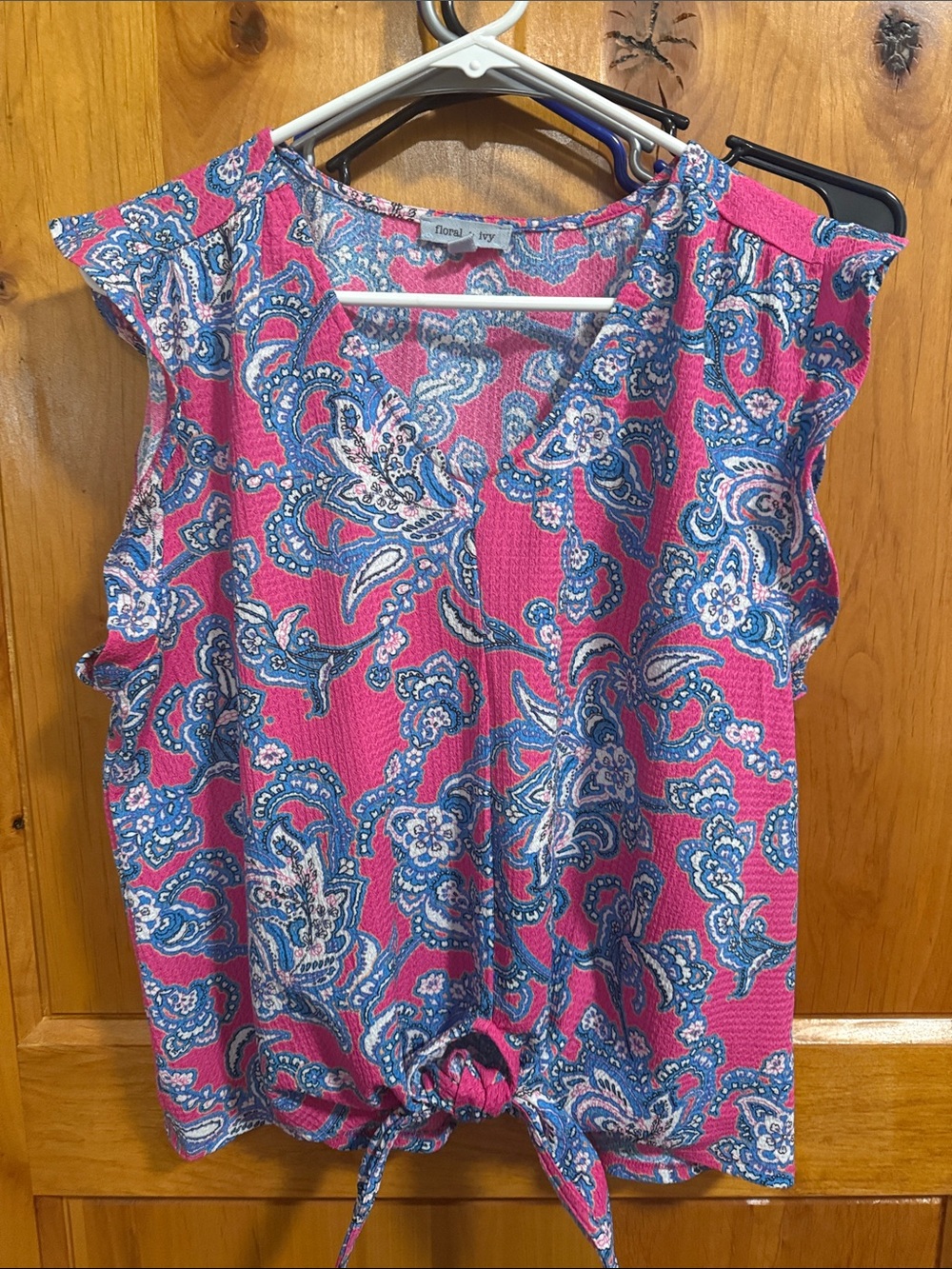 Floral Paisley Tie-Hem Sleeveless Top - Pink & Blue